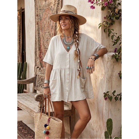 Princess Polly Tops - Polly Oatmeal 100% Cotton Textured Button Down Babydoll Peplum Tunic Top M/L
